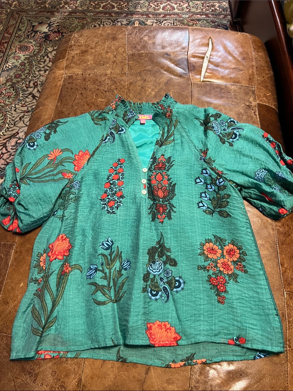 THLM green floral block print blouse